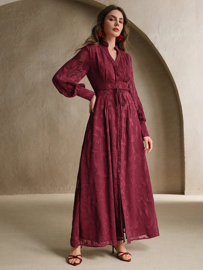Elegant Floral V-Neck Lantern Sleeve Waist Cinched Dress