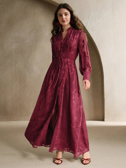 Elegant Floral V-Neck Lantern Sleeve Waist Cinched Dress