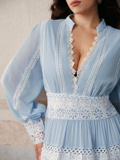 French Fashion Palace Hollow Splice Soft Lace Trim Maxi Dress