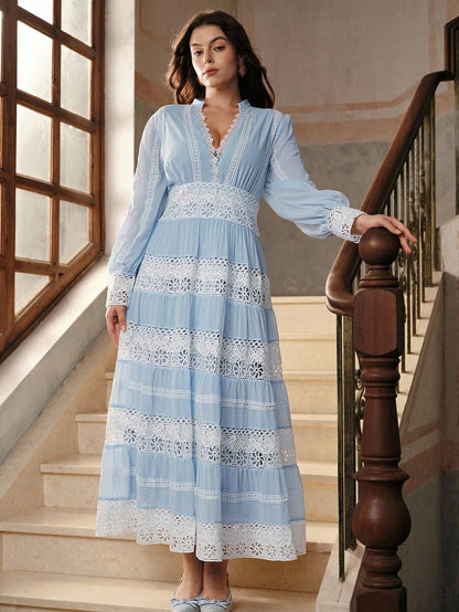 French Fashion Palace Hollow Splice Soft Lace Trim Maxi Dress