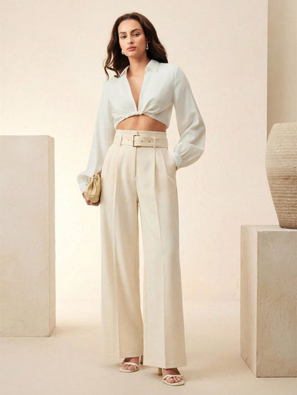 Women's Solid Color Pleated Wide Leg Pants