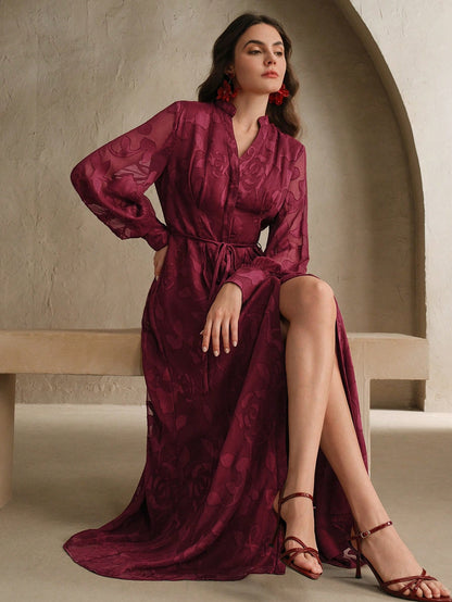 Elegant Floral V-Neck Lantern Sleeve Waist Cinched Dress