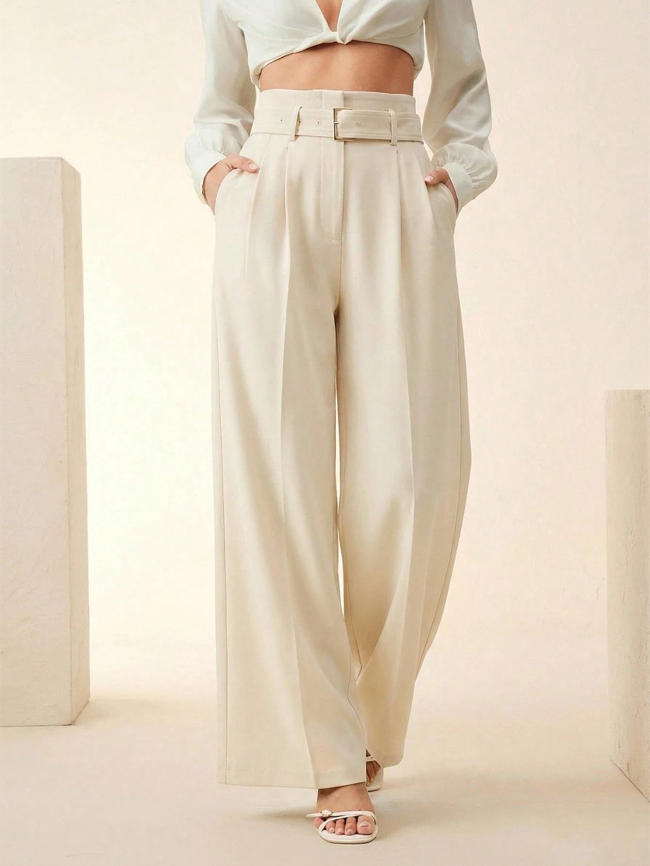 Women's Solid Color Pleated Wide Leg Pants