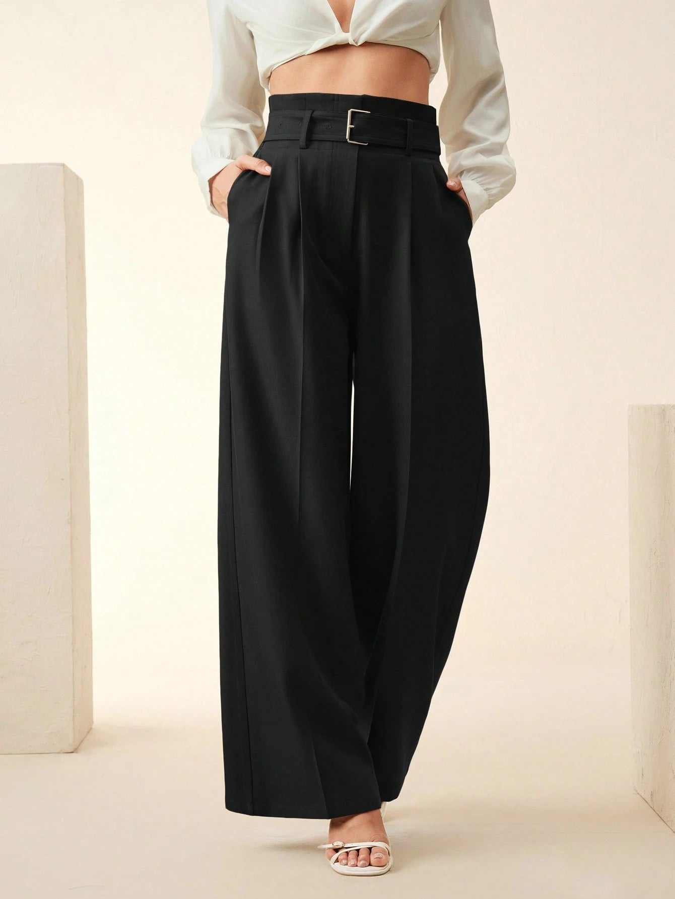 Women's Solid Color Pleated Wide Leg Pants