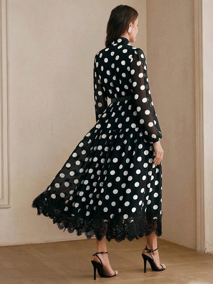 Women's Polka Dot Chiffon Lace Splice Tie Waist Elegant Dress