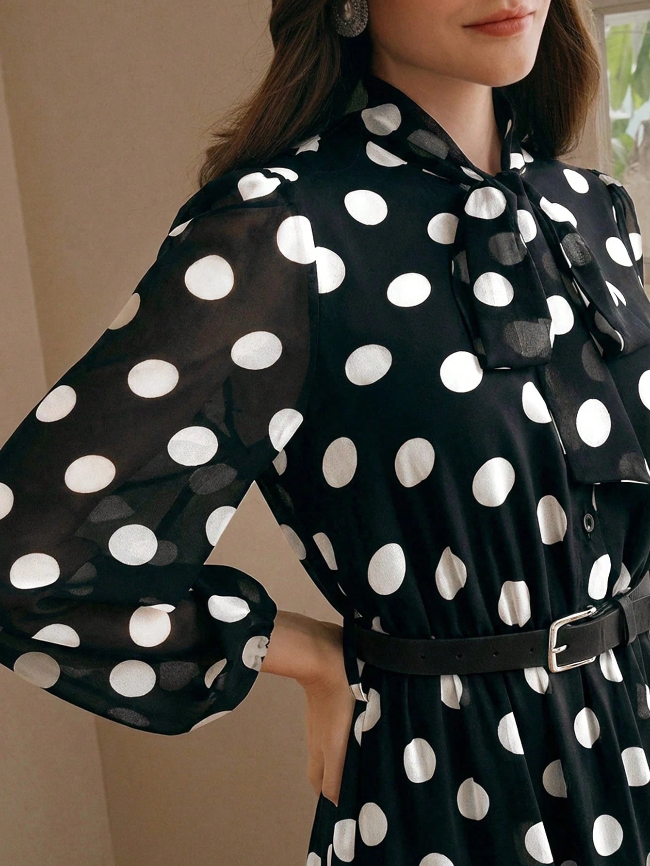 Women's Polka Dot Chiffon Lace Splice Tie Waist Elegant Dress