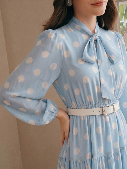 Women's Polka Dot Chiffon Lace Splice Tie Waist Elegant Dress
