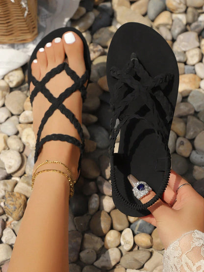 Solid Color Criss-Cross Elastic Straps Non-Slip Flat Sandals