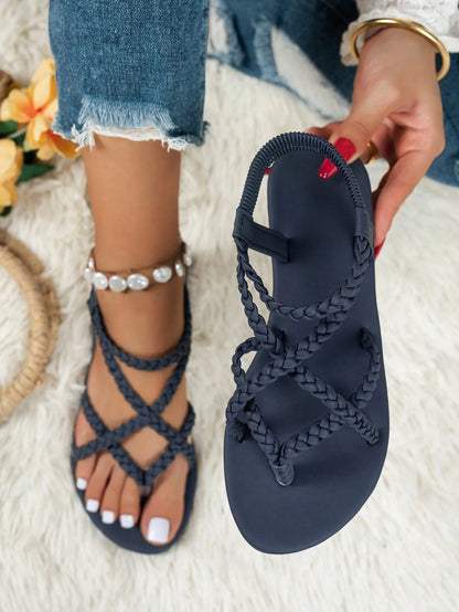 Solid Color Criss-Cross Elastic Straps Non-Slip Flat Sandals