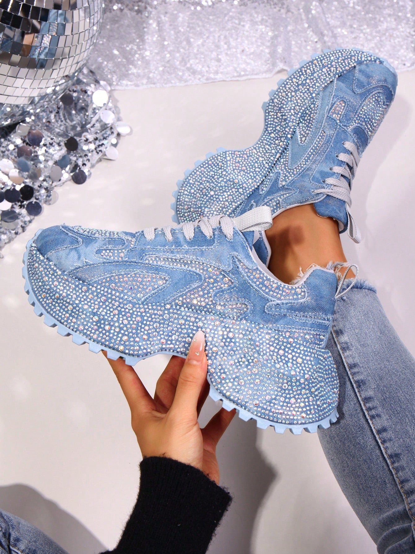 Heavy Washed Rhinestone Embellished Chunky Sneakers