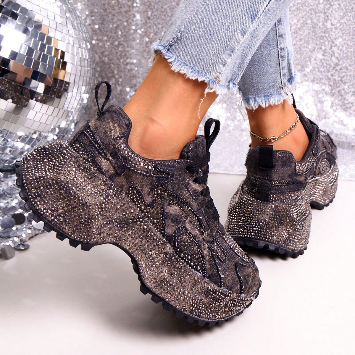 Heavy Washed Rhinestone Embellished Chunky Sneakers