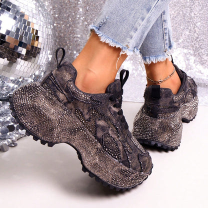 Heavy Washed Rhinestone Embellished Chunky Sneakers