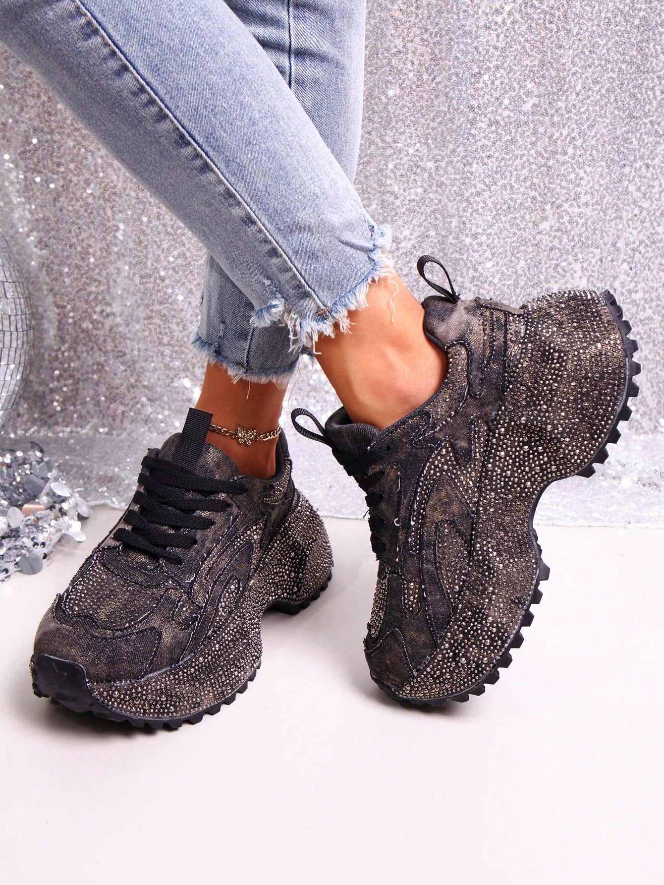 Heavy Washed Rhinestone Embellished Chunky Sneakers