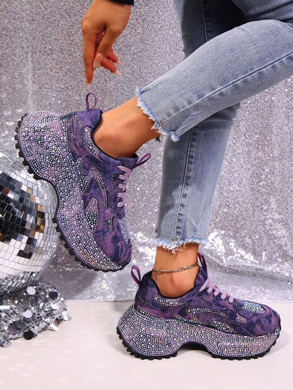 Heavy Washed Rhinestone Embellished Chunky Sneakers