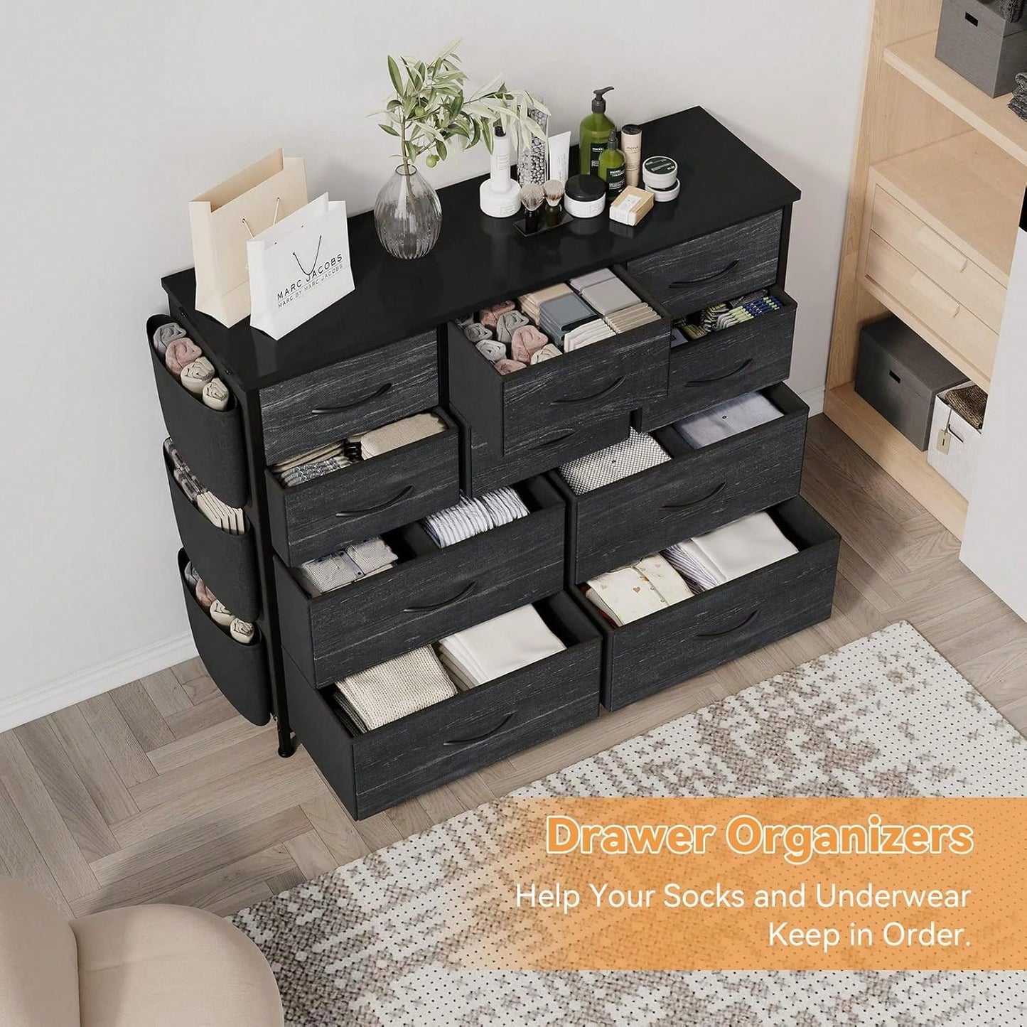 10 Drawer Fabric Storage Cabinet With Side Pockets & Hooks