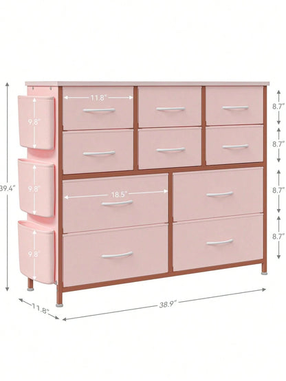 10 Drawer Fabric Storage Cabinet With Side Pockets & Hooks