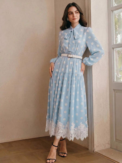 Women's Polka Dot Chiffon Lace Splice Tie Waist Elegant Dress