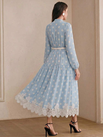 Women's Polka Dot Chiffon Lace Splice Tie Waist Elegant Dress
