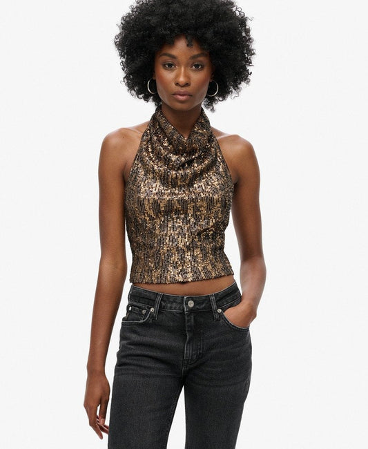 Cowl Halter Neck Sequin Slim Fit Top | Brown Gold Sequin
