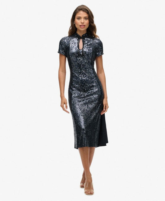 Mandarin Sequin Midi Slim Fit Dress | Gunmetal Sequin