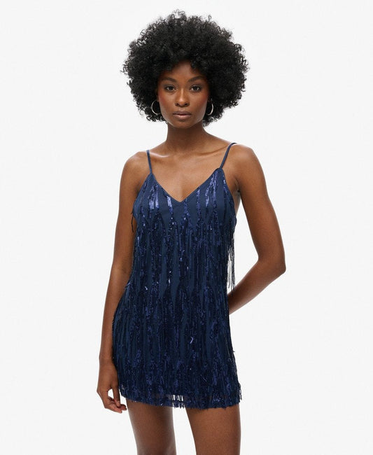 Fringe V Neck Cami Mini Slim Fit Dress | Navy Sequin