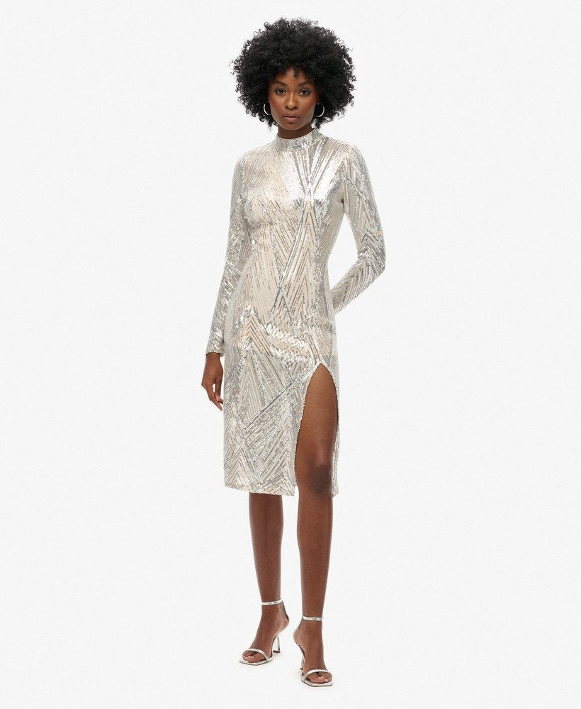 Open Back Chevron Midi Slim Fit Dress | Silver Sequin