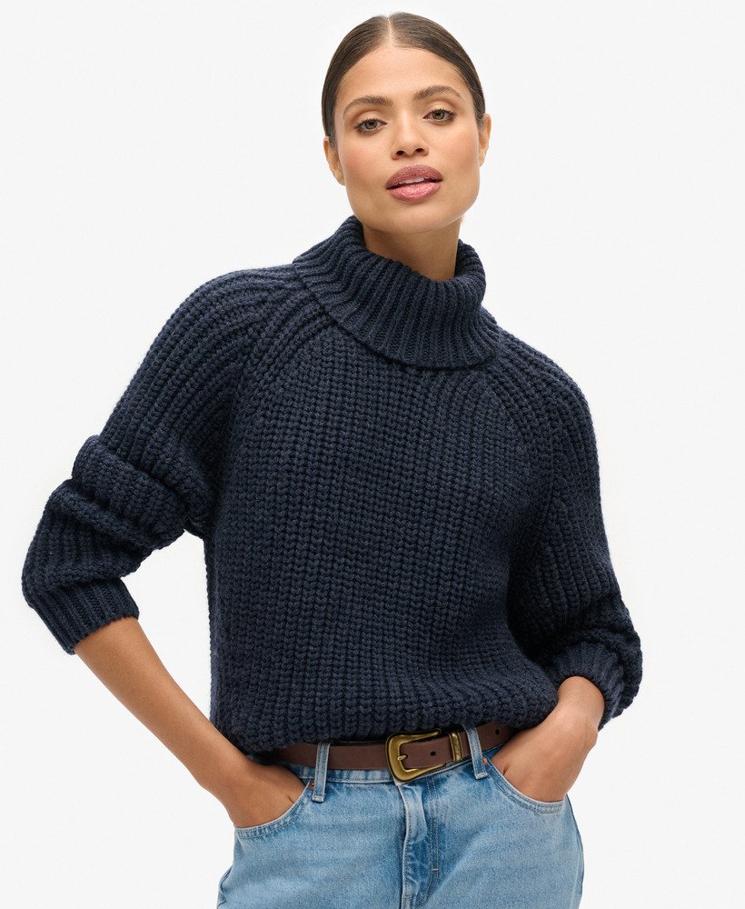 Slouchy Stitch Roll Neck Knit | Navy Marle