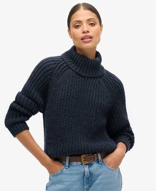 Slouchy Stitch Roll Neck Knit | Navy Marle