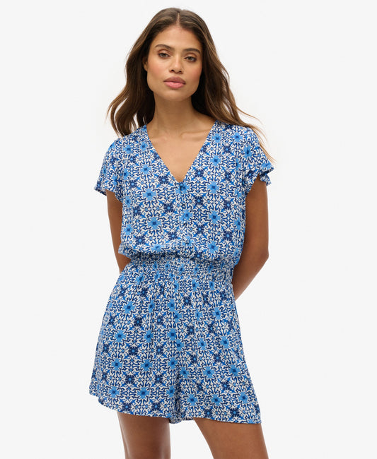 Short Sleeve Printed Playsuit | Tala Tile Border Blue