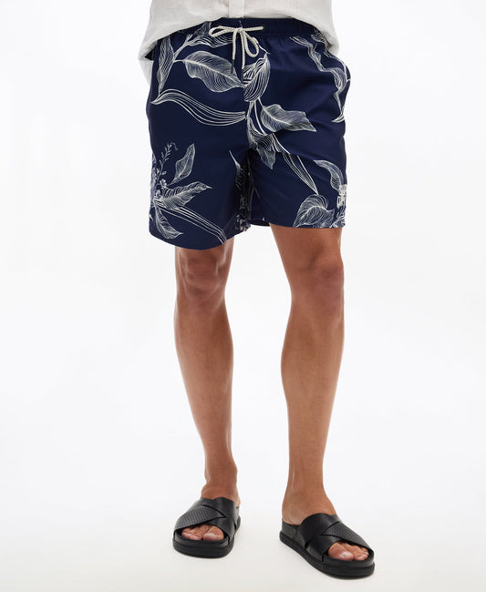 Hawaiian Print 17'' Swim Short | Canna Leaves Navy
