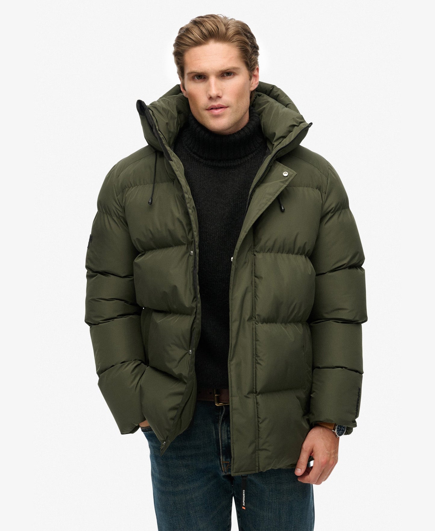 Hooded 5 Baffle Sports Puffer | Army Khaki Green