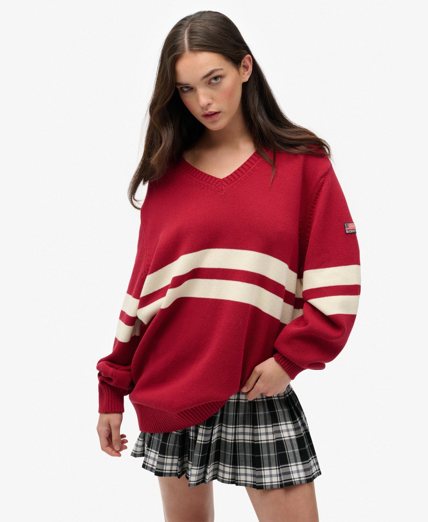 Oversized Striped V Neck | Bordeaux Red
