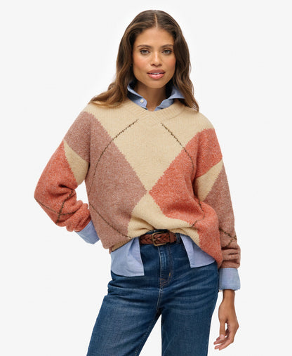 Oversized Argyle V Neck Jumper | Off White Multi