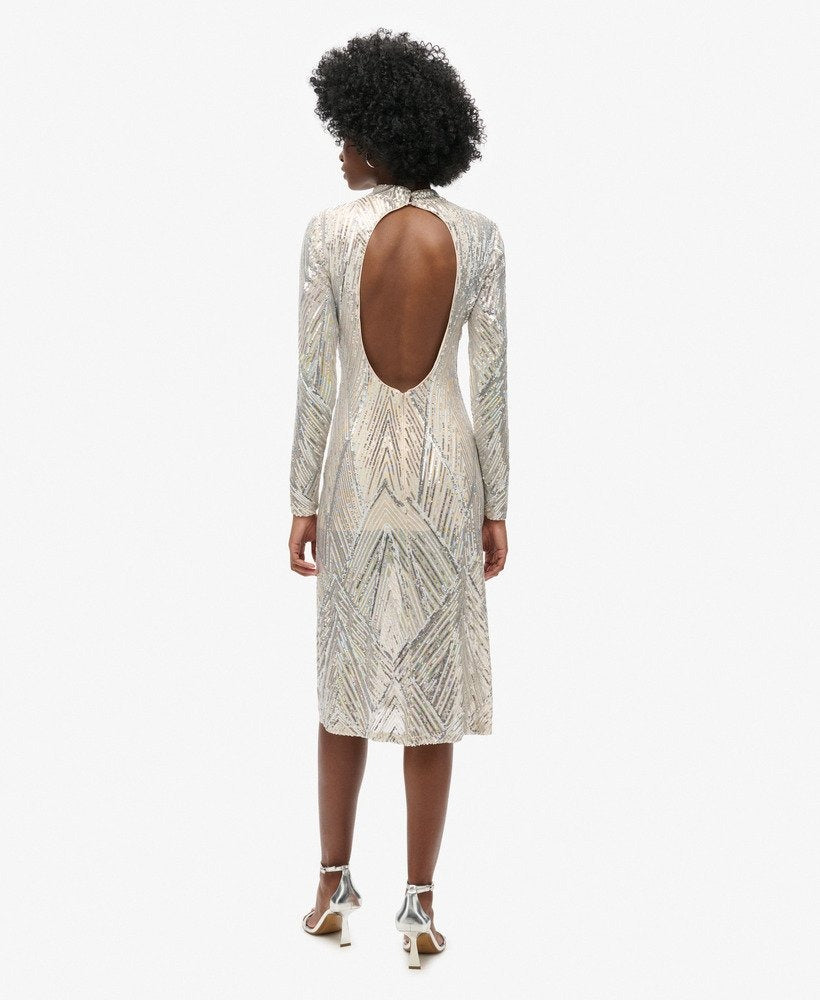 Open Back Chevron Midi Slim Fit Dress | Silver Sequin