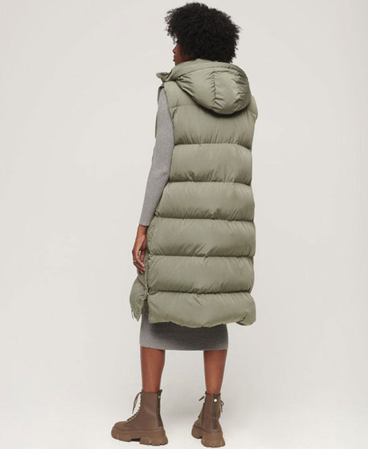 Longline Hooded Puffer Gilet | Light Khaki Green