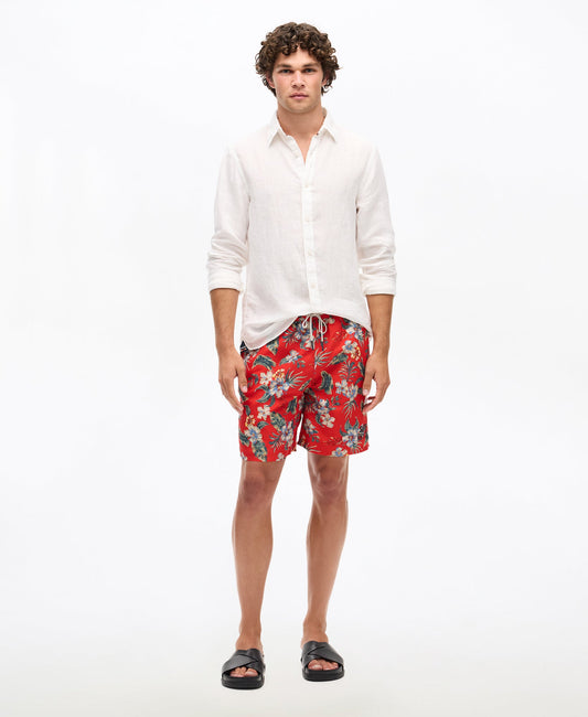 Hawaiian Print 17'' Swim Short | Botanical Red