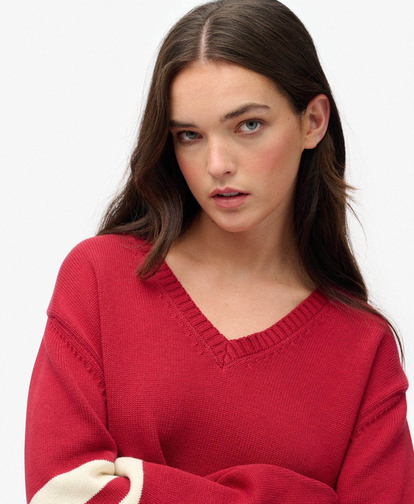 Oversized Striped V Neck | Bordeaux Red