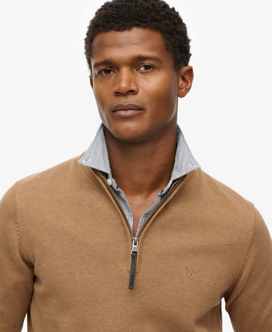 Slim Fit Essentials Cotton Half Zip | Carbon Brown Marle