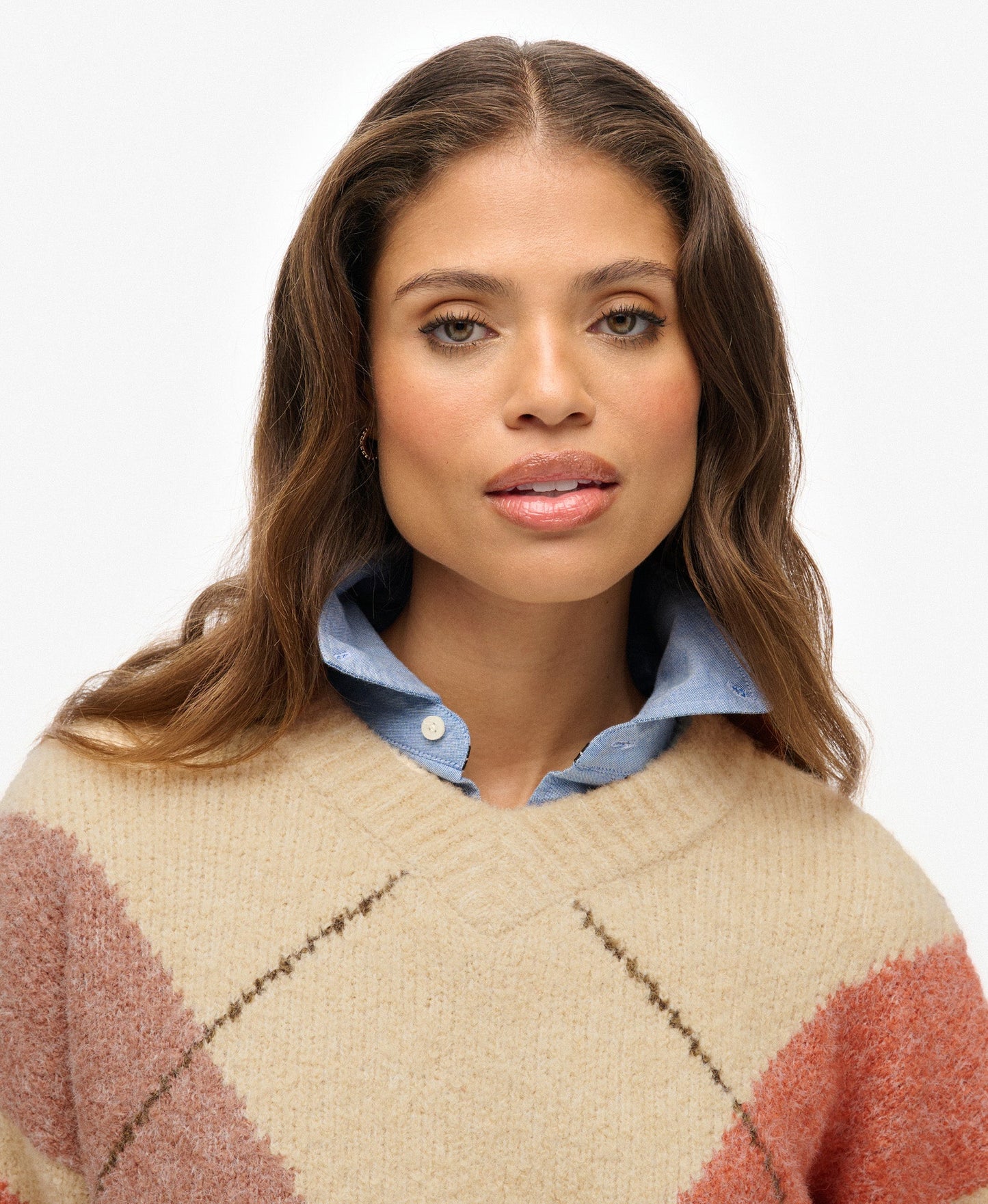 Oversized Argyle V Neck Jumper | Off White Multi