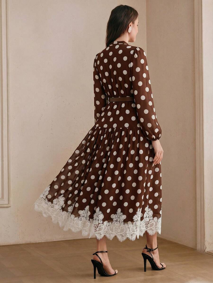 Women's Polka Dot Chiffon Lace Splice Tie Waist Elegant Dress