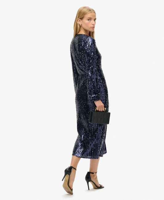 Sequin Wrap Maxi Slim Fit Dress | Navy Sequin