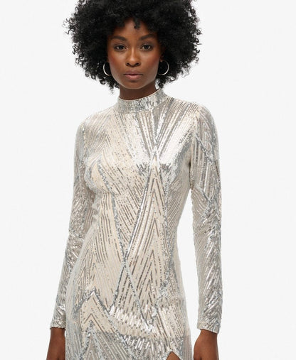 Open Back Chevron Midi Slim Fit Dress | Silver Sequin