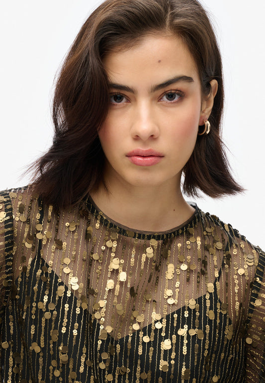 Sheer Short Sleeve Sequin Top | Brass Sequin