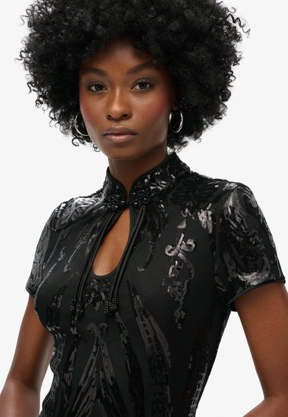 Mandarin Sequin Mini Dress | Art Deco Black Sequin