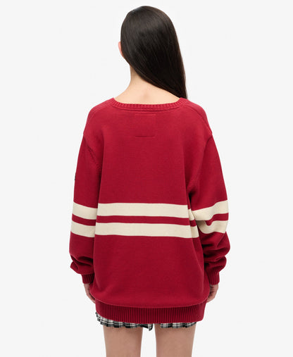 Oversized Striped V Neck | Bordeaux Red