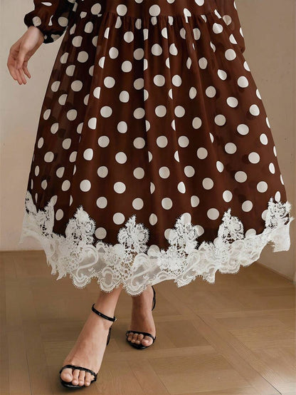 Women's Polka Dot Chiffon Lace Splice Tie Waist Elegant Dress
