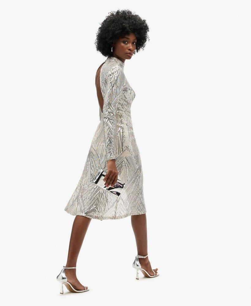 Open Back Chevron Midi Slim Fit Dress | Silver Sequin