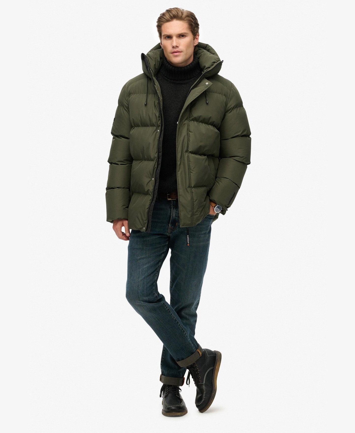 Hooded 5 Baffle Sports Puffer | Army Khaki Green