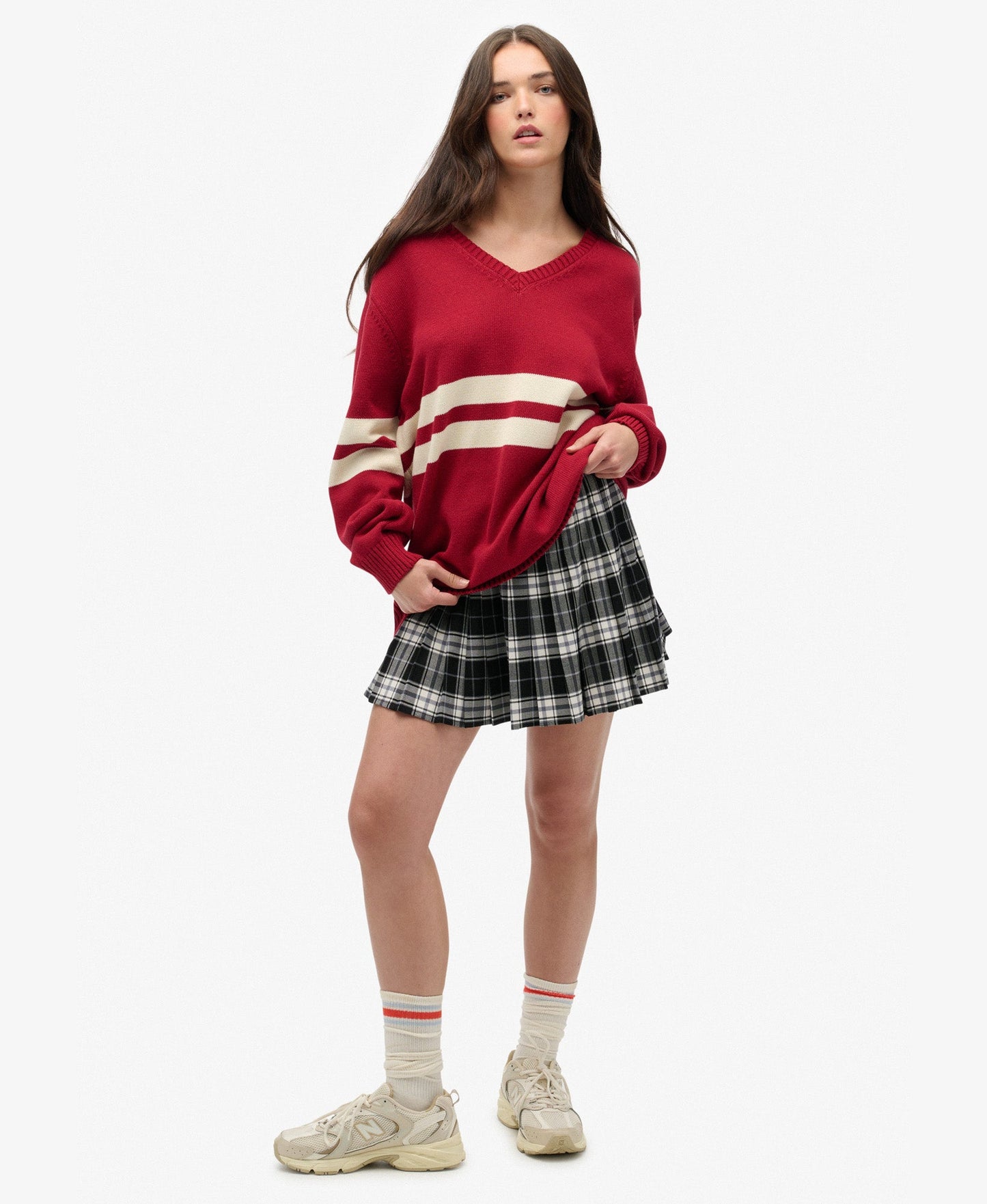 Oversized Striped V Neck | Bordeaux Red