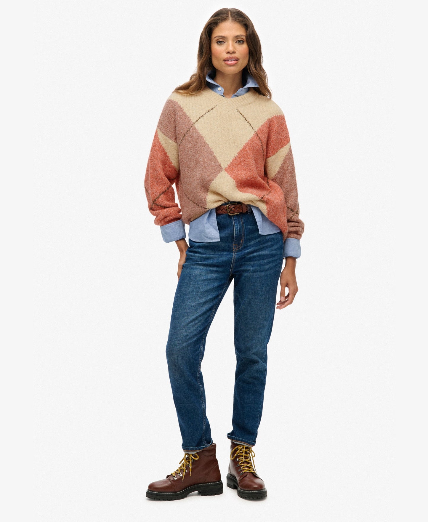 Oversized Argyle V Neck Jumper | Off White Multi